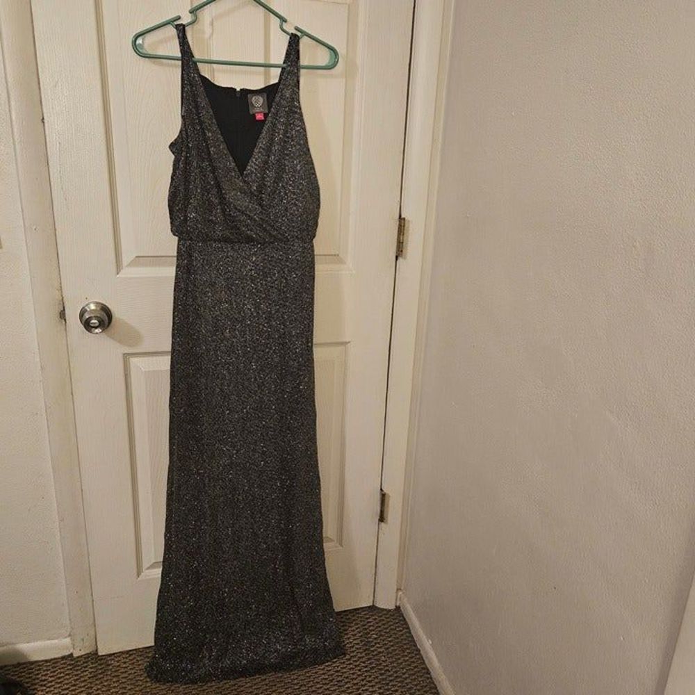 Vince Camuto Black Silver Plunge Back Split Maxi Dress Sleeveless Zipper Sz 8